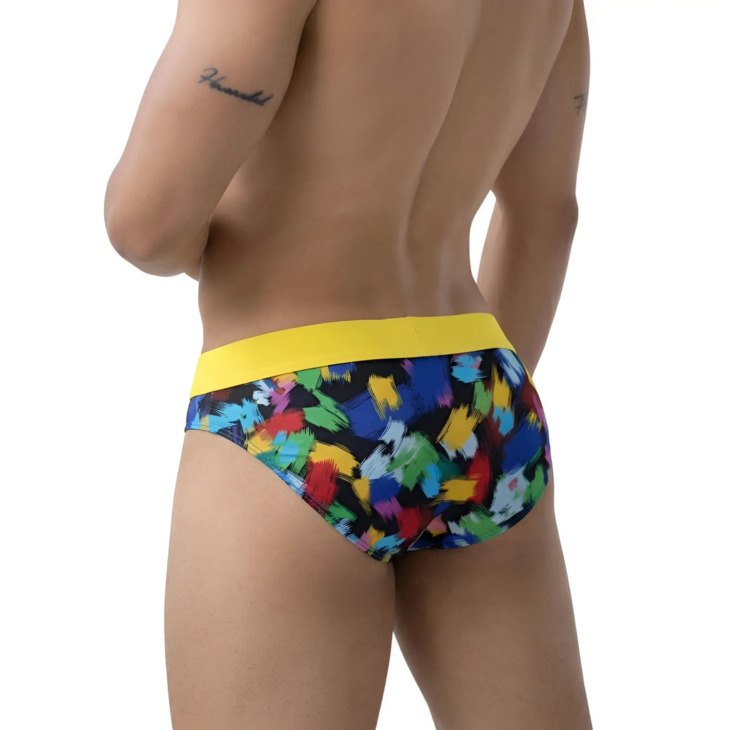 Metro male wear nasca brief yellow 6225-60 vibrant abstract paint splatter patterned briefs with bold yellow waistband