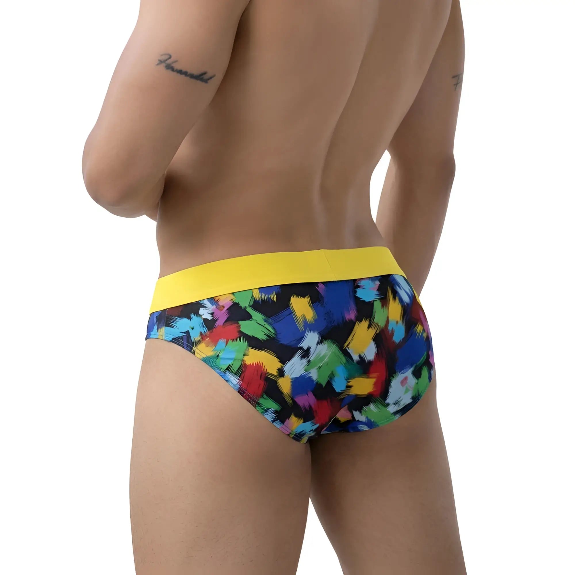 Metro male wear nasca brief yellow 6225-60 vibrant abstract paint splatter patterned briefs with bold yellow waistband