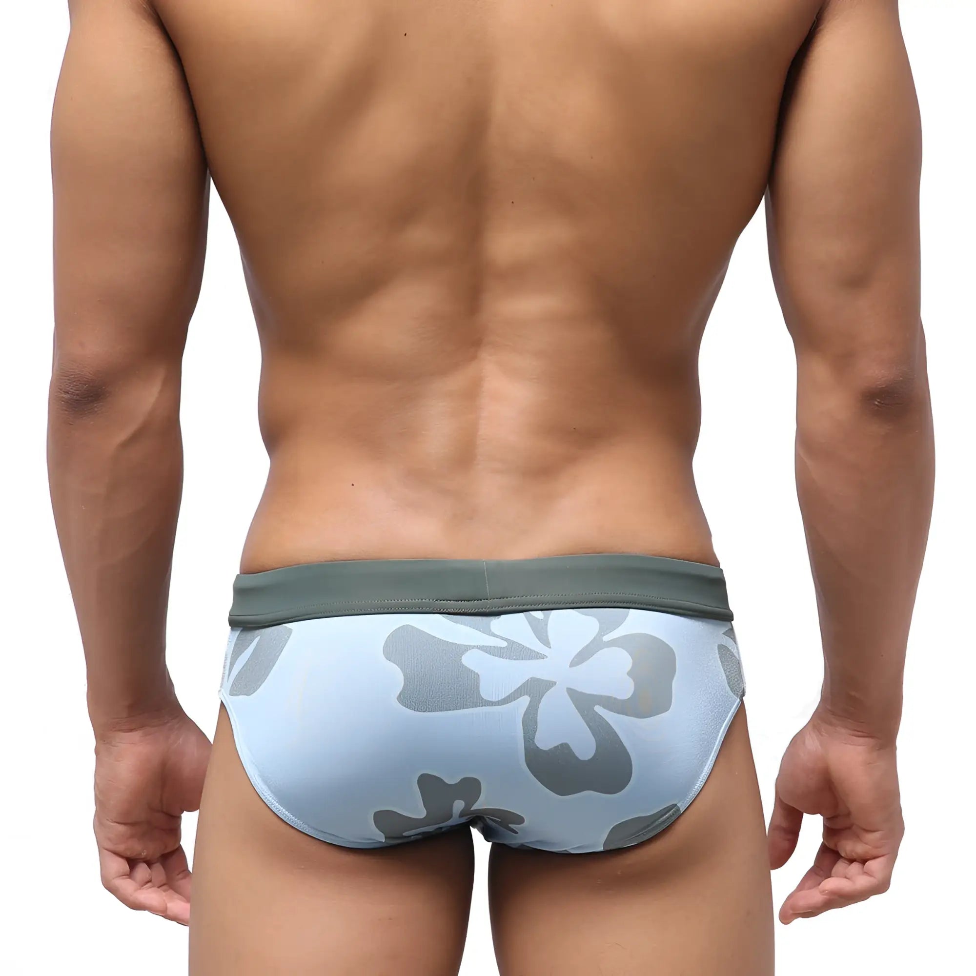 Light blue MetroMaleWear Nature swim brief 4916-52 with gray floral pattern and solid olive green waistband