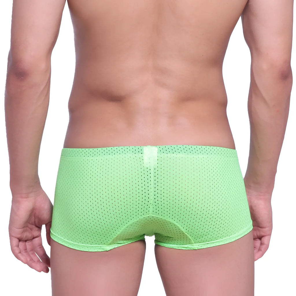 Bright lime green neon boxer briefs with mesh material and subtle white tab visible from the back by MetroMaleWear