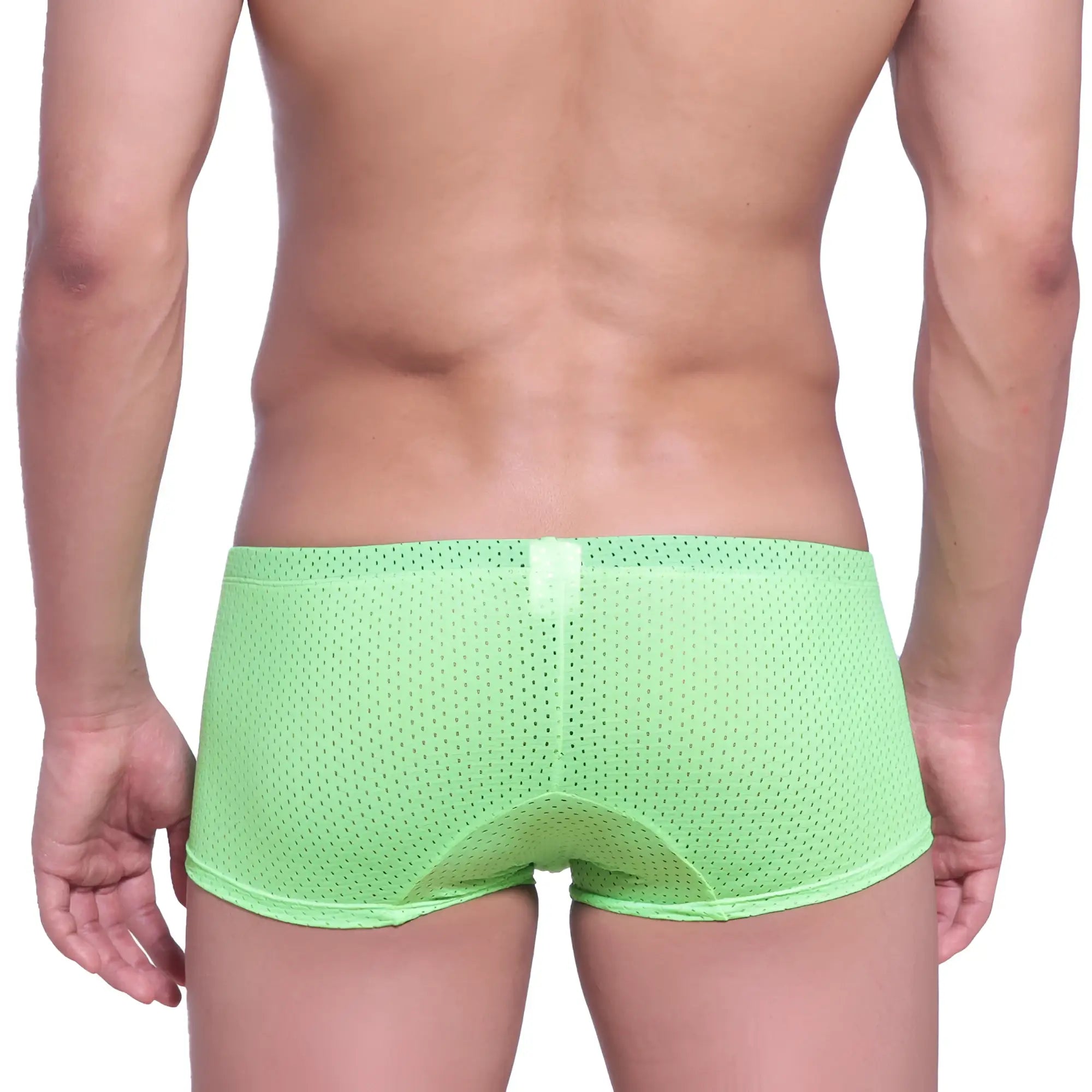 Bright lime green neon boxer briefs with mesh material and subtle white tab visible from the back by MetroMaleWear