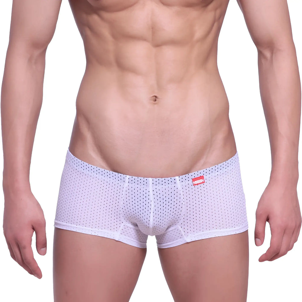 White mesh briefs with subtle dot pattern and red MetroMaleWear tag on waistband in neon boxer white 1222-00 style