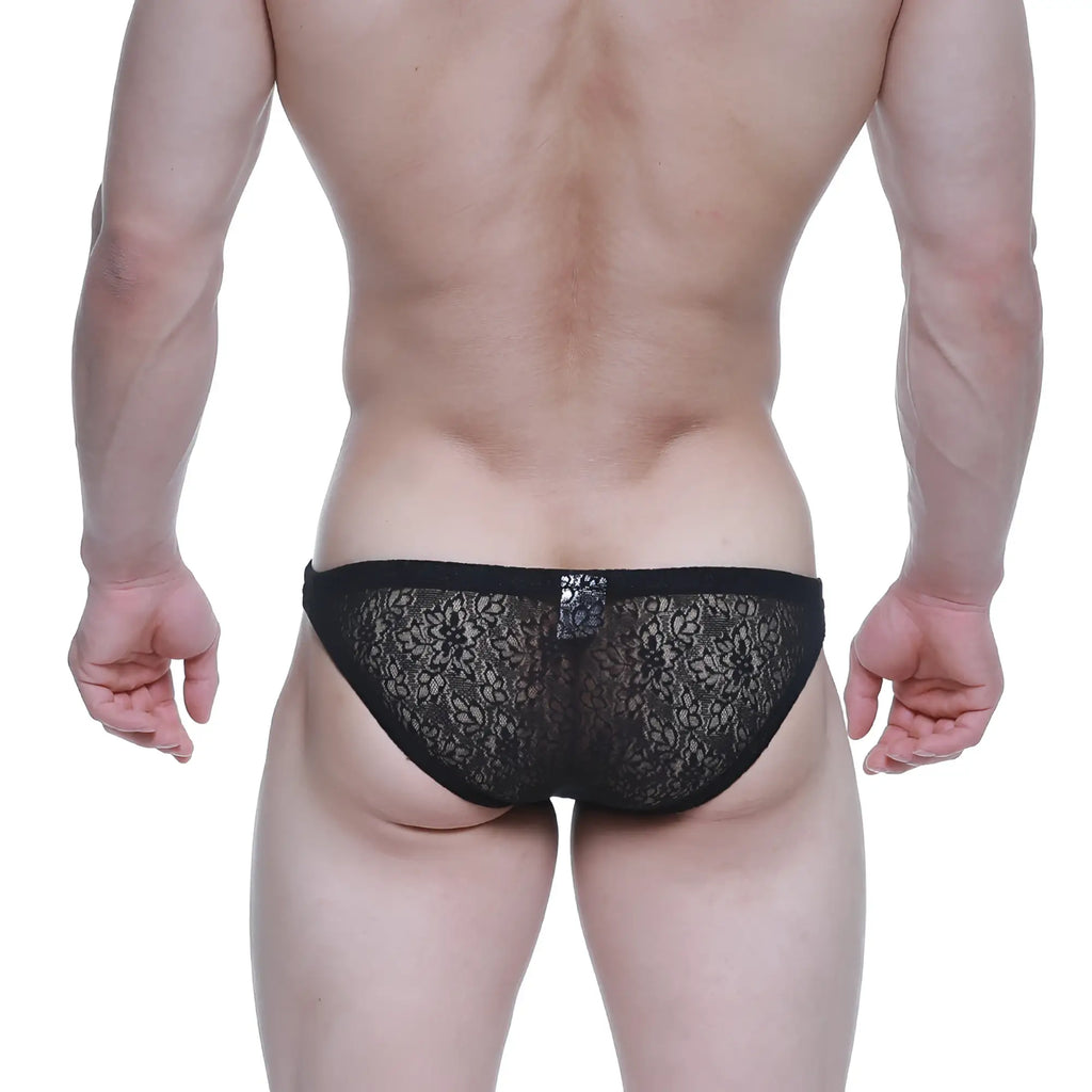MetroMaleWear net bikini lace black briefs with delicate floral pattern and solid waistband front view