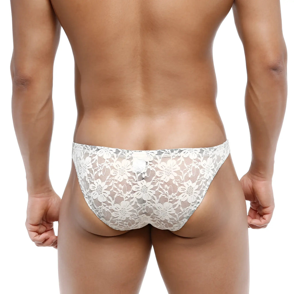 White floral lace men’s briefs by metromalewear net bikini lace nude 1104-01 with delicate floral lace design
