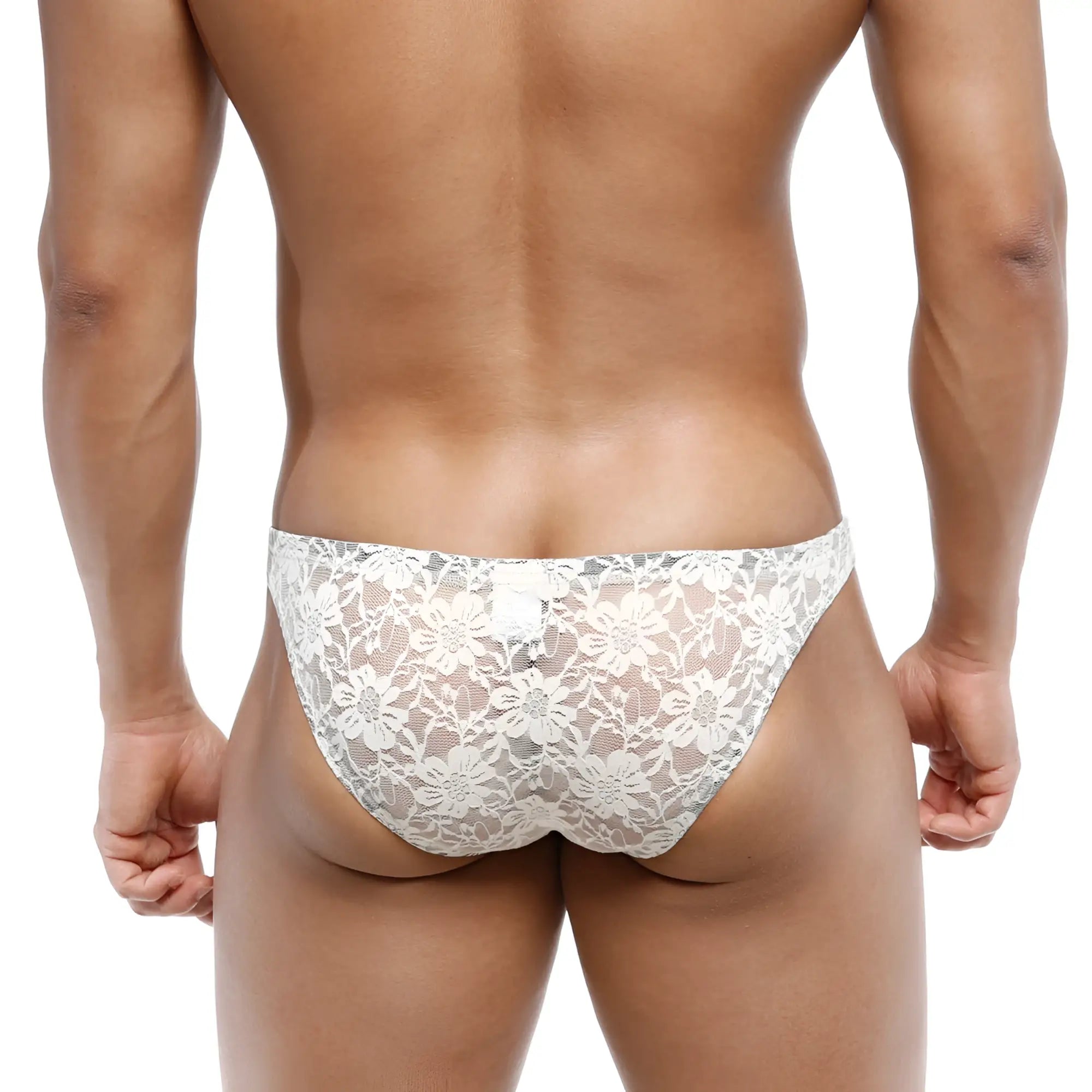 White floral lace men’s briefs by metromalewear net bikini lace nude 1104-01 with delicate floral lace design