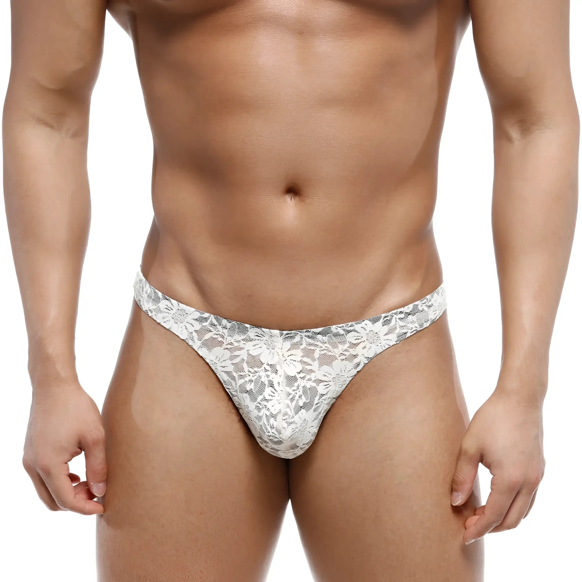 White lace thong with intricate floral patterns from metromalewear net g lace nude 1122-01 collection