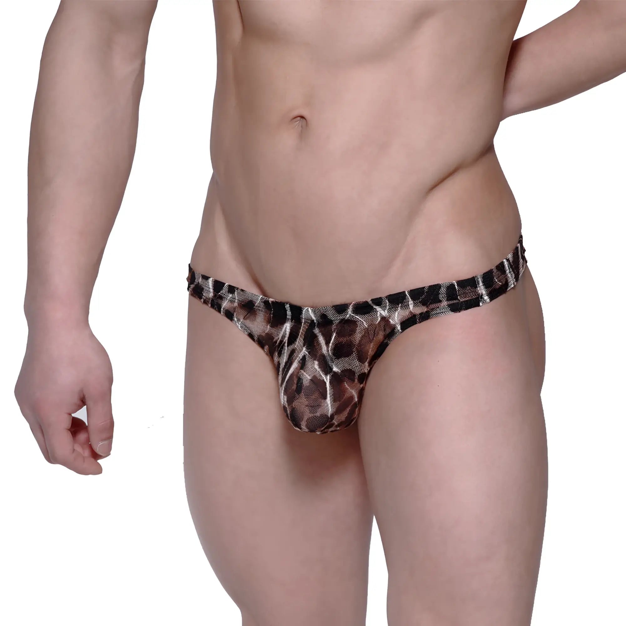 Sheer leopard-print mesh thong in black and brown tones from MetroMaleWear net g leopard 1122-60 collection