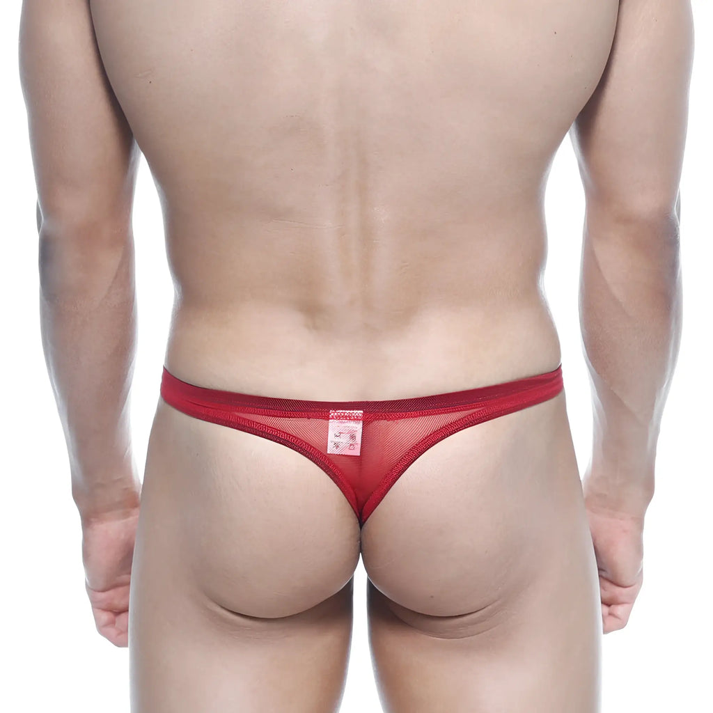 Back view of a red mesh thong from MetroMaleWear net G with a small rectangular label at the back