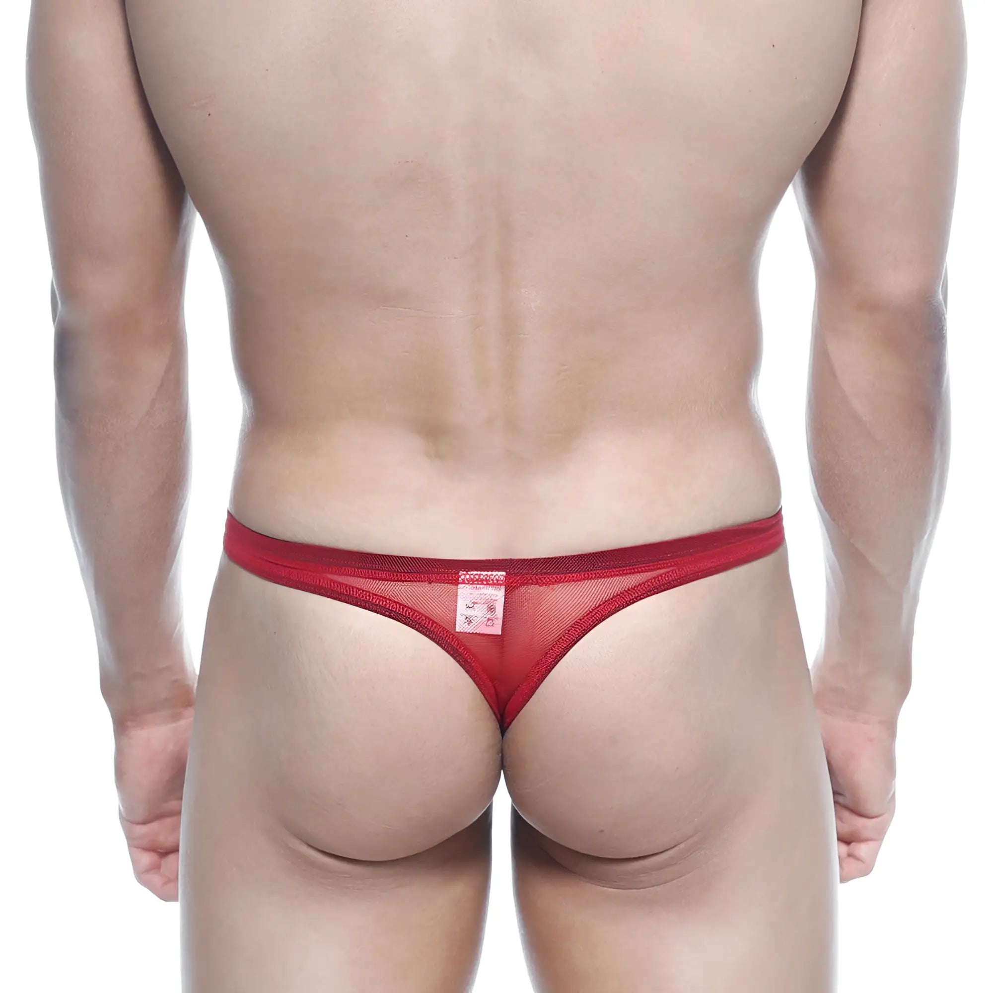 Back view of a red mesh thong from MetroMaleWear net G with a small rectangular label at the back