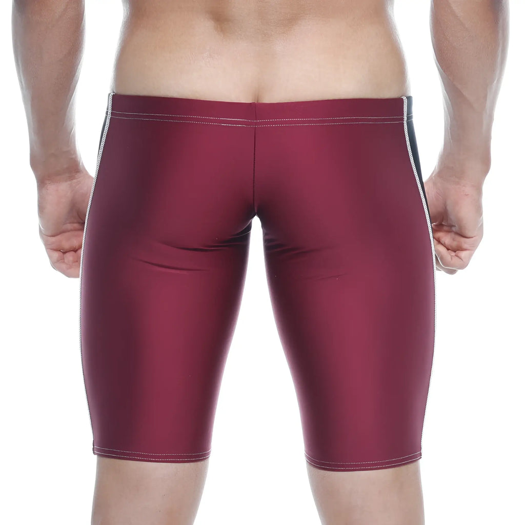 Maroon metro malewear new jammer swim boxer with white and black side stripes for swimming and beachwear