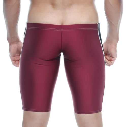 Maroon metro malewear new jammer swim boxer with white and black side stripes for swimming and beachwear
