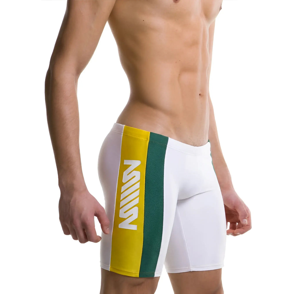 White metro malewear jammer swim boxer with yellow and green vertical stripe and mill branding for campus use
