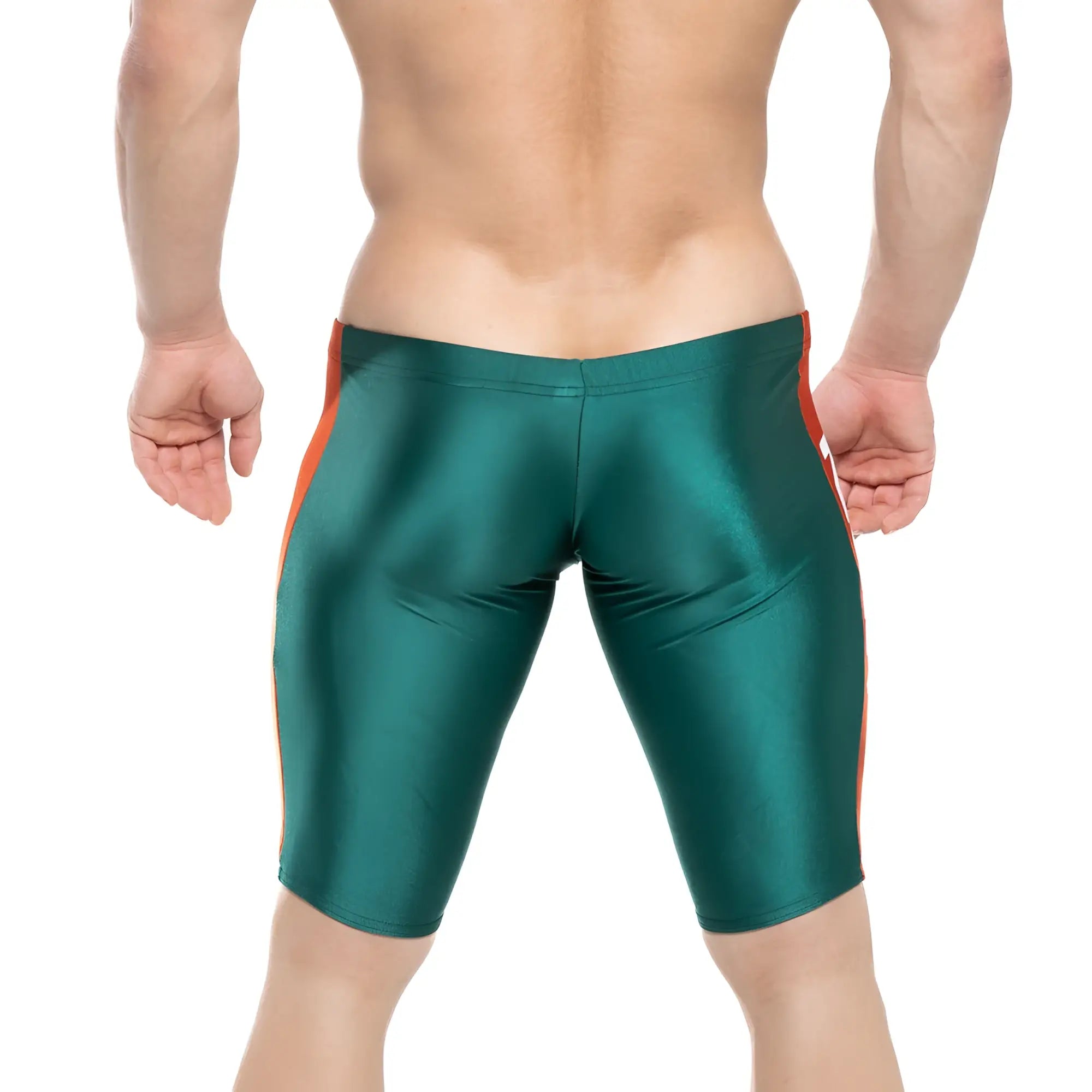 MetroMaleWear new jammer swim boxer in shiny emerald green with bold orange side stripes for athletic use