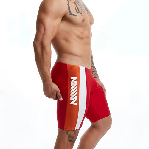 Red and orange metroMalewear new jammer swim boxer with white vertical stripe and mill logo on the side
