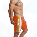 Orange and white athletic swim boxer shorts with vertical mill stripe design by metromalewear new jammer 4994-14