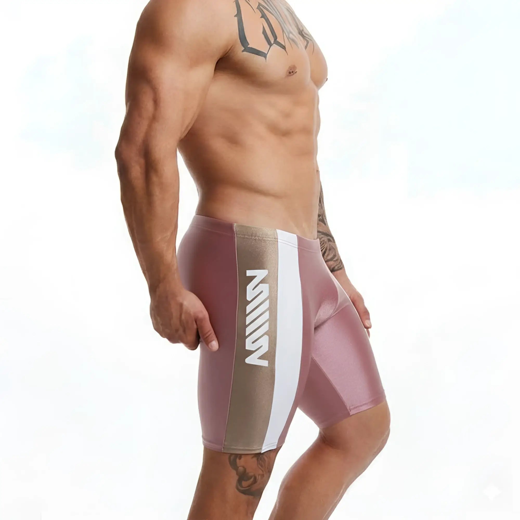 MetroMalewear new jammer swim boxer pink and beige athletic shorts with white vertical stripe and mill branding