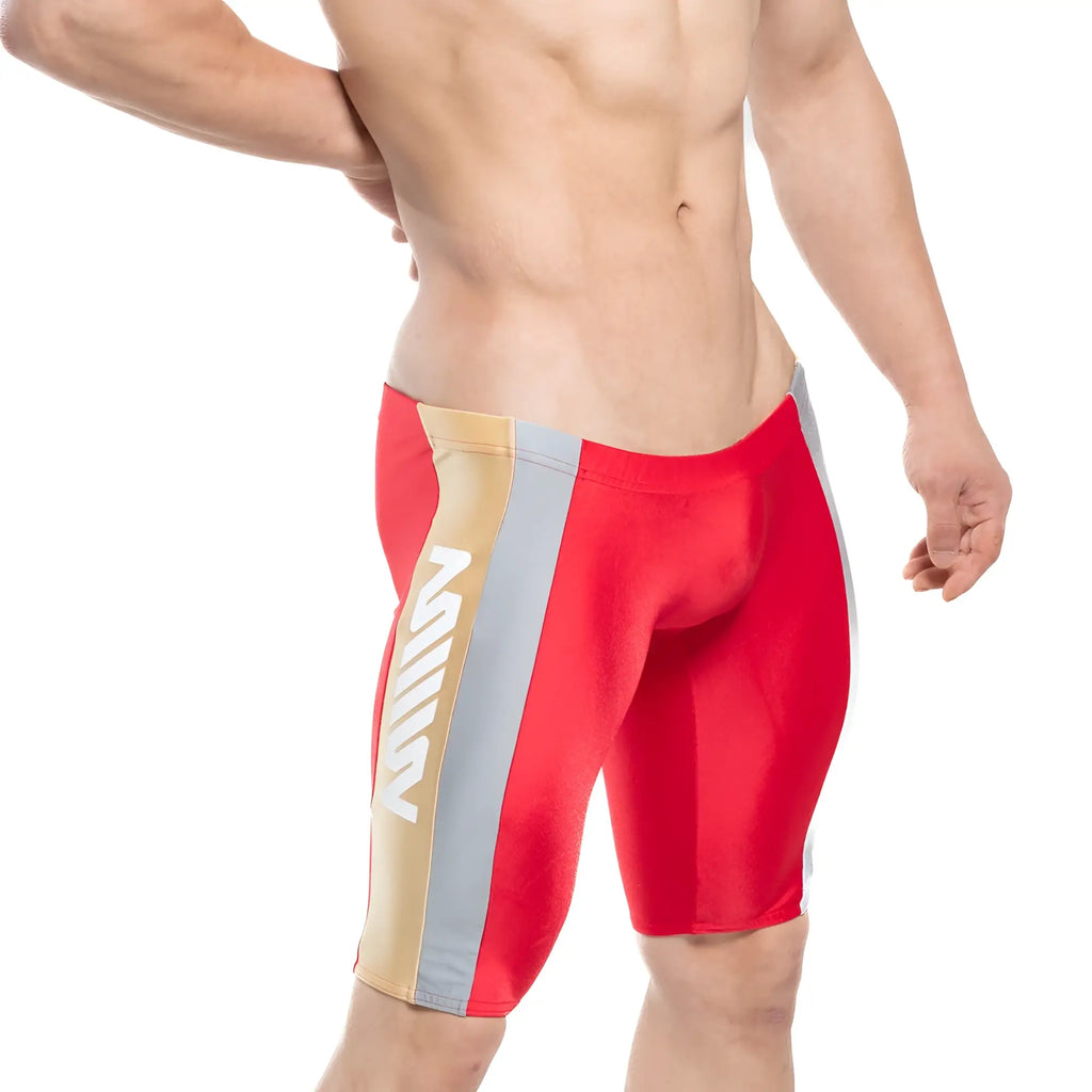 MetroMaleWear new jammer swim boxer red 4994-12 features red gold and gray athletic swim trunks with bold vertical stripes