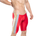 MetroMaleWear new jammer swim boxer red 4994-12 features red gold and gray athletic swim trunks with bold vertical stripes