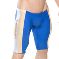 Blue and beige athletic swim trunks with white side stripe and gold logo from metromalewear new jammer swim boxer royal