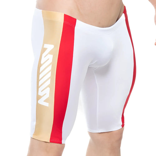 MetroMaleWear new jammer swim boxer white with bold red and gold vertical stripes and white m logo on gold stripe