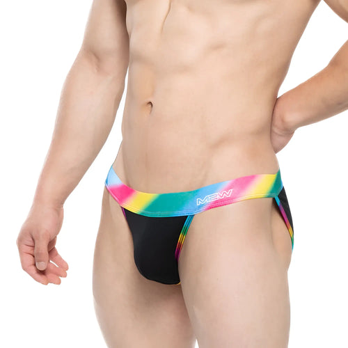 Black briefs with vibrant rainbow-striped waistband featuring mew logo metro malewear new pride bikini black 3004-58
