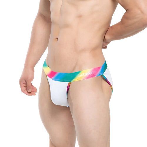 White men’s briefs with a vibrant rainbow-striped waistband featuring the neon logo from MetroMaleWear New Pride bikini