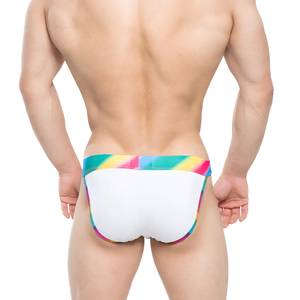 White swim trunks metro malewear new pride bikini 3004-57 with vibrant rainbow-striped waistband and trim