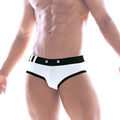 White briefs swim brief with black trim black waistband and two silver buttons metro male wear noir 4916-87