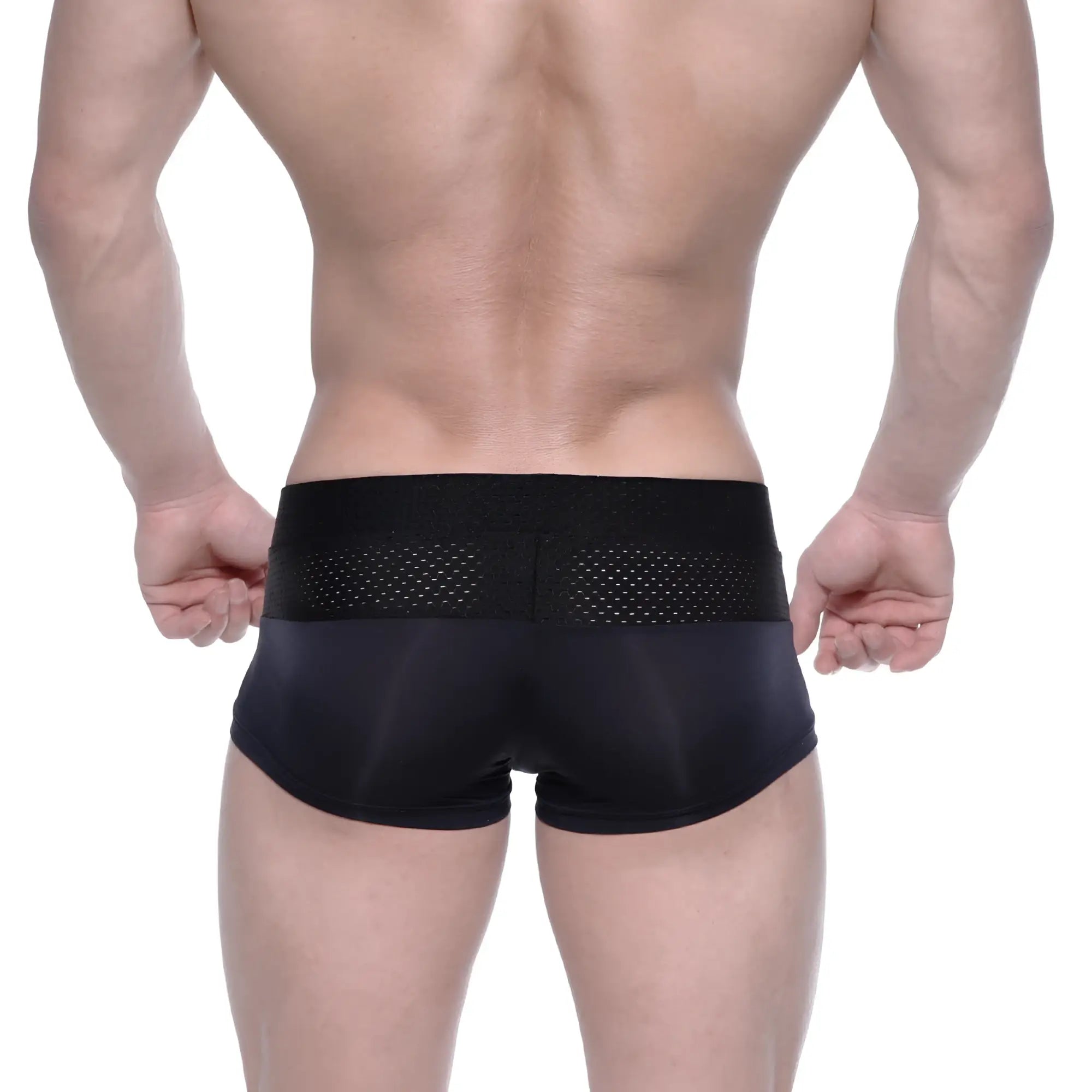 Black athletic briefs with mesh waistband panel from MetroMaleWear Noto Trunk 2026-32 for comfortable activewear