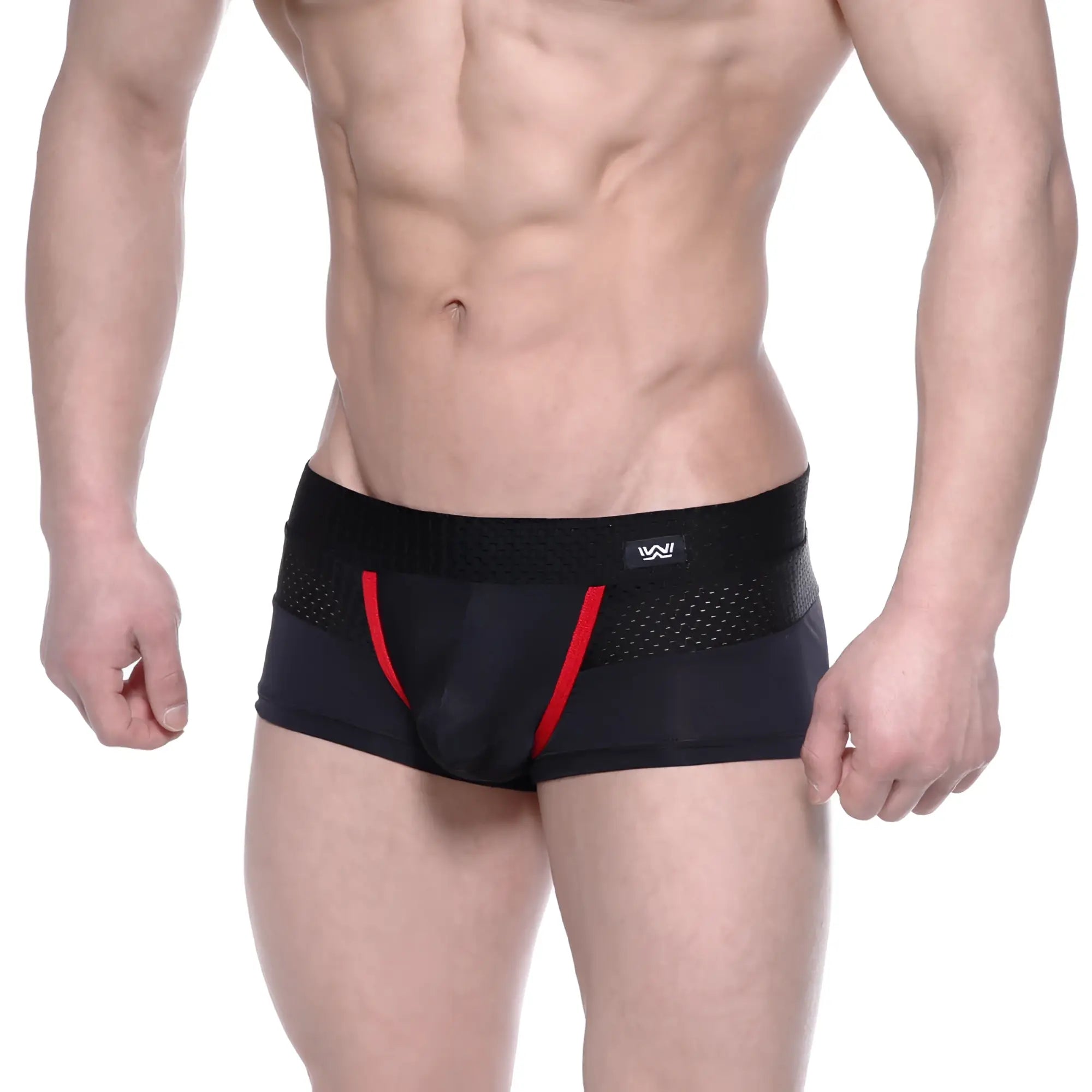 MetroMaleWear Noto trunk black athletic briefs with red accent stripes and mesh waistband panel for comfort and support