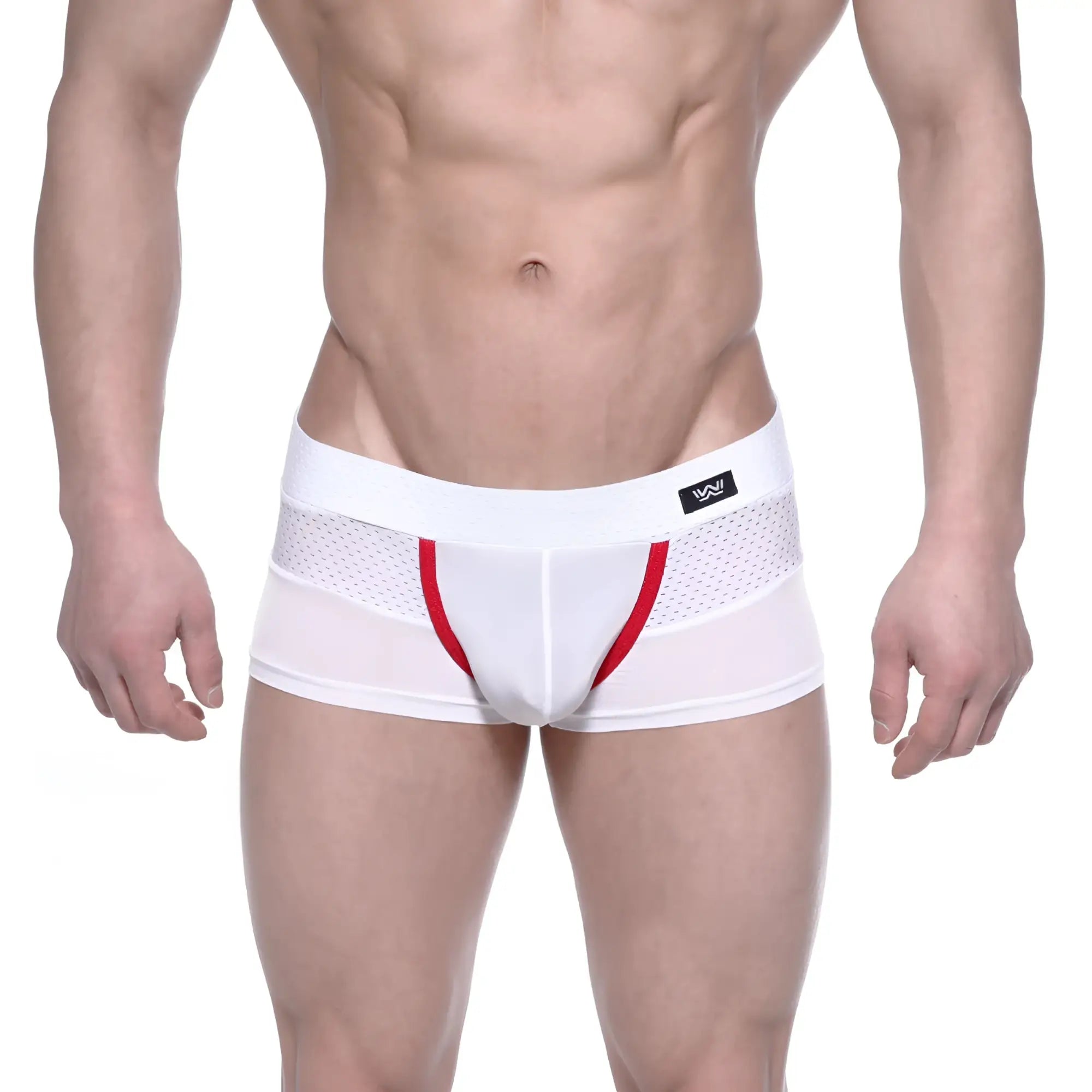 White athletic briefs metro malewear noto trunk 2026-33 with red trim mesh side panel and black logo tag