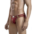 Maroon metro malewear nova bikini briefs with gold chain trim and white brand tag in lightweight fabric
