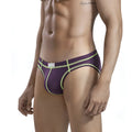 Purple men’s briefs with neon green stitching and a small white brand tag metroMalewear nova bikini grape 5153-29