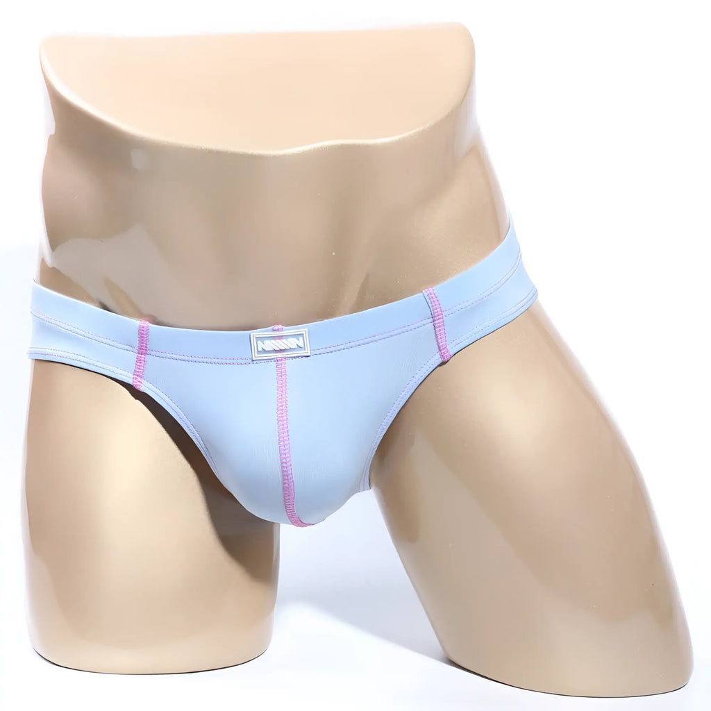 Light blue mens briefs with pink stitching and a small brand tag on the waistband from MetroMaleWear NUCLEO Bikini Sax 5603-08