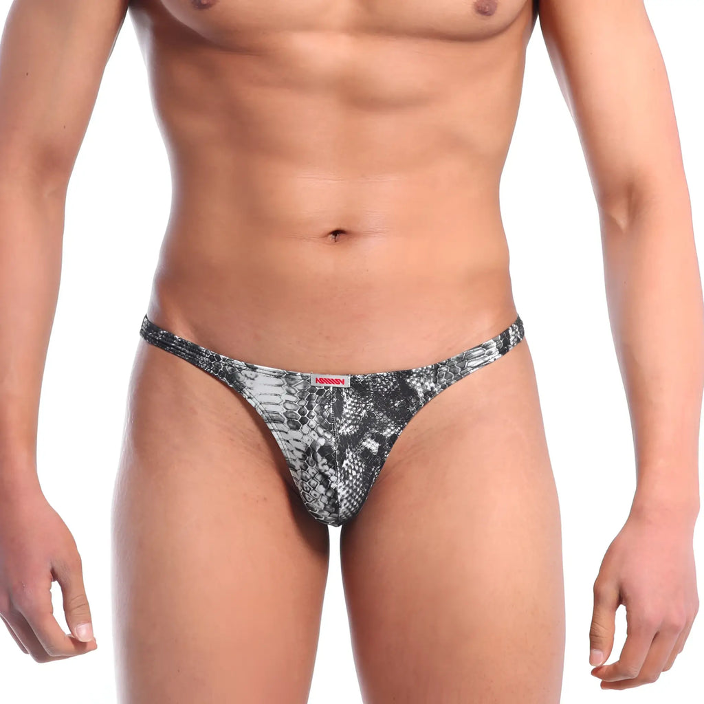 Black and gray snake-scale patterned mens thong with red metro malewear tag oceano thong 1032-60