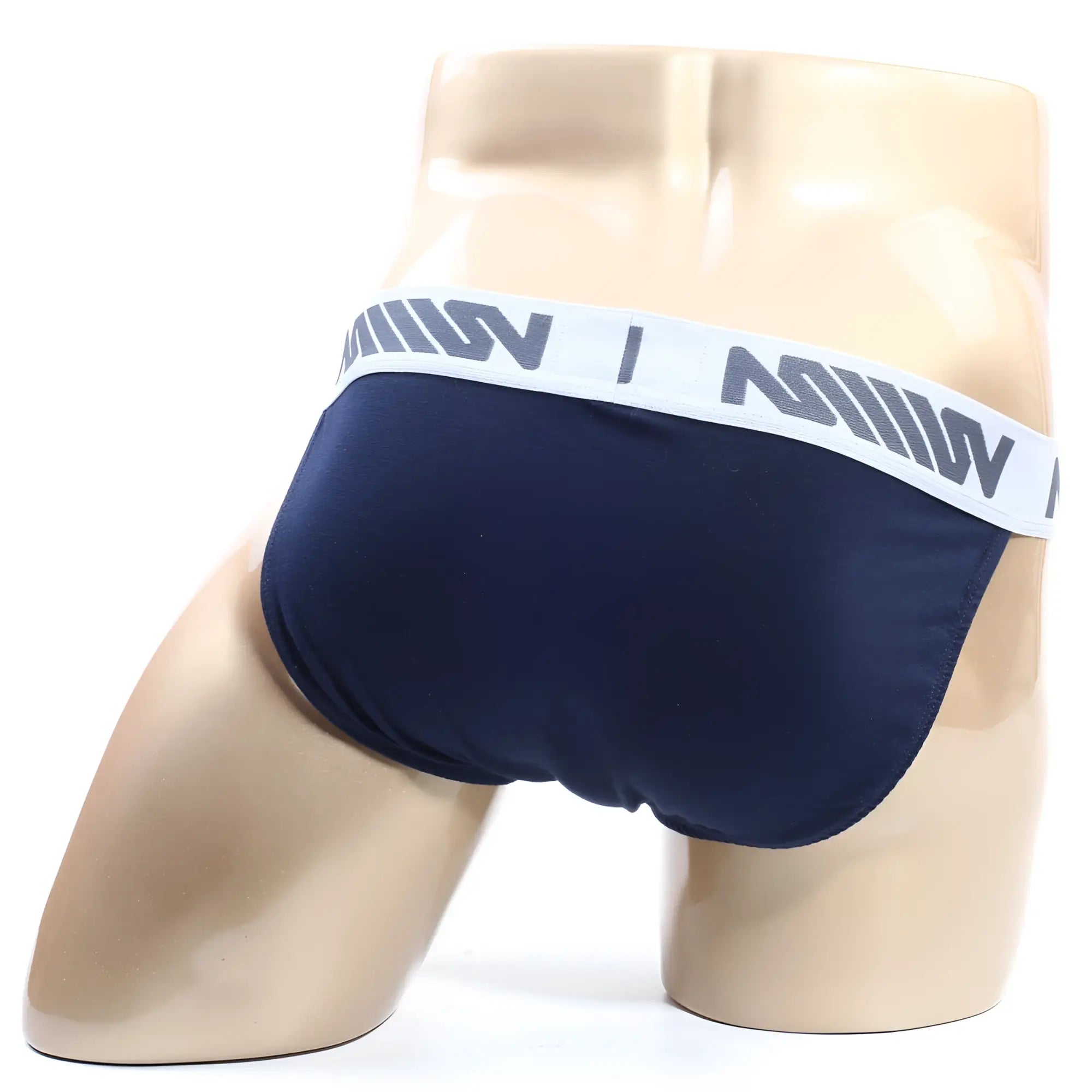 MetroMaleWear olla bikini briefs in navy blue with a white elastic waistband and gray lettering for comfortable wear