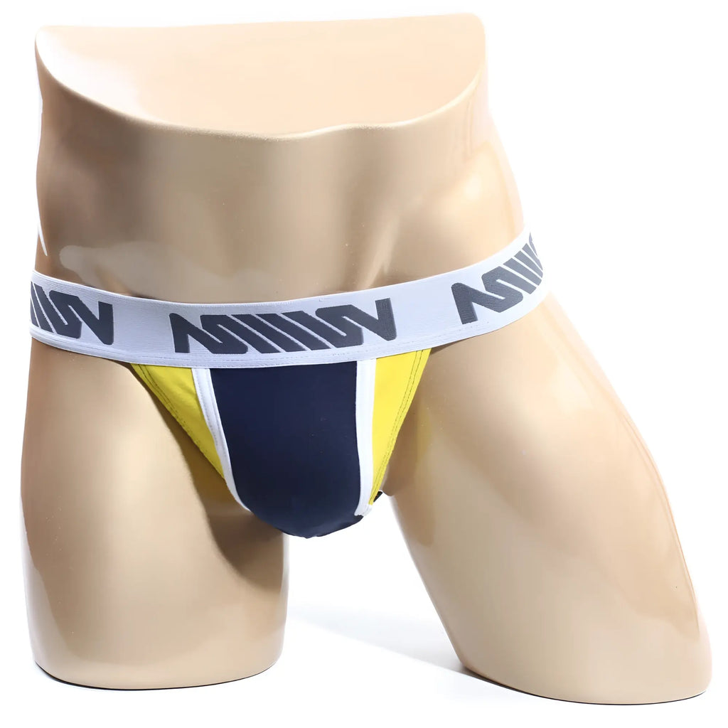 Metro malewear olla bikini 3004-d28 navy and yellow athletic briefs with white elastic waistband and gray m logos