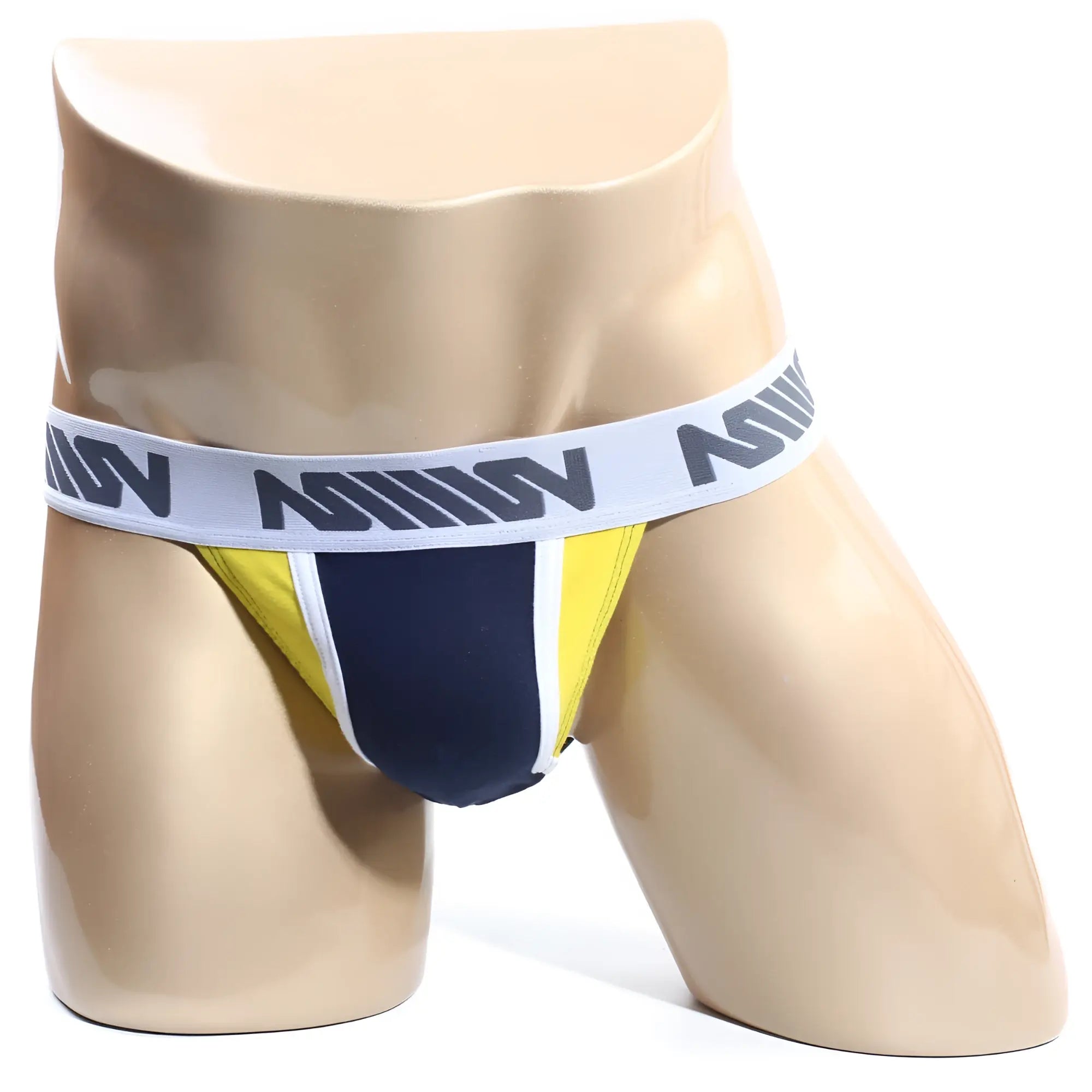 Metro malewear olla bikini 3004-d28 navy and yellow athletic briefs with white elastic waistband and gray m logos