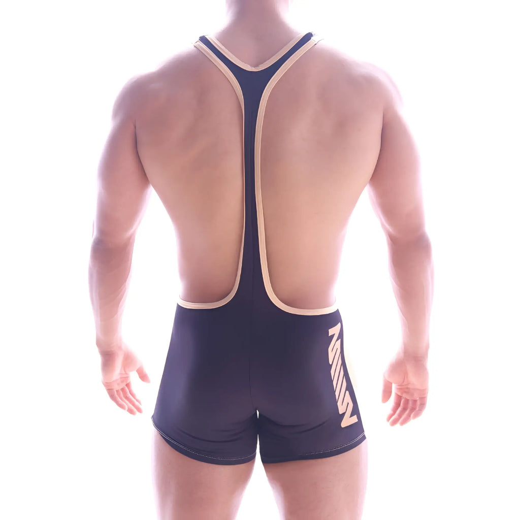 Black wrestling singlet with beige trim and bold stylized logo side detail by MetroMaleWear Olympian 2094-20
