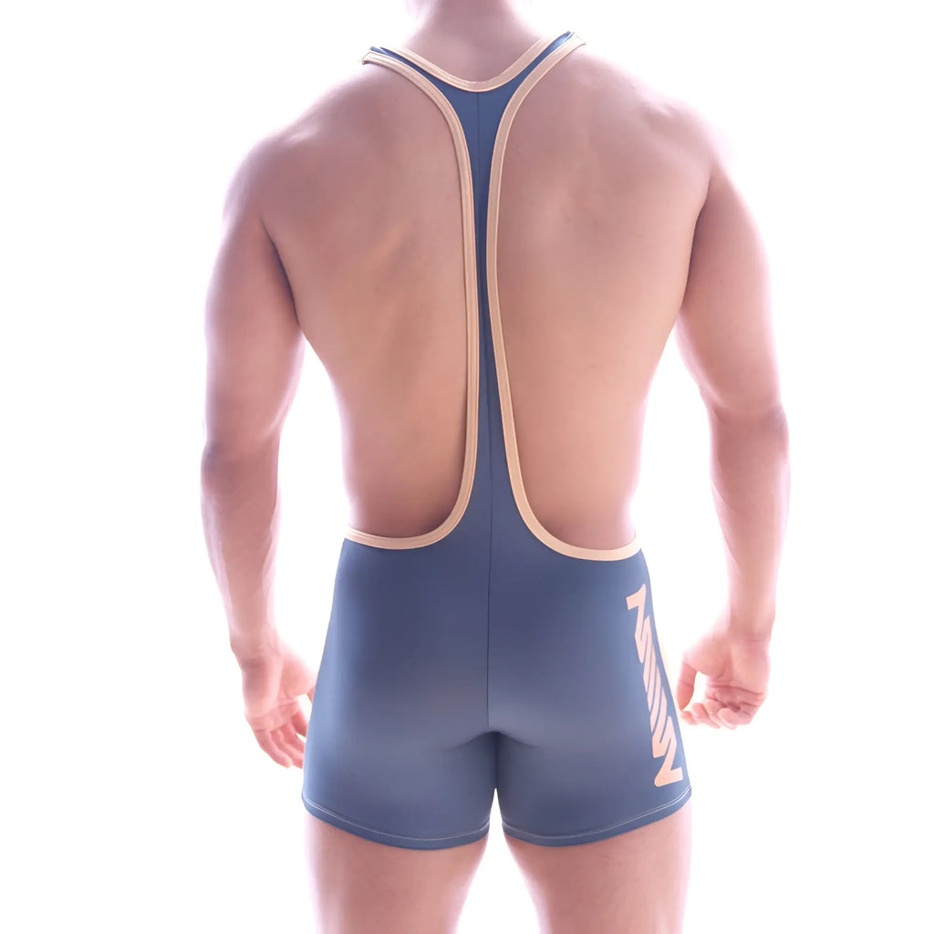 Blue metroMalewear Olympian wrestling singlet with tan trim and stylized logo on the side for competitive use