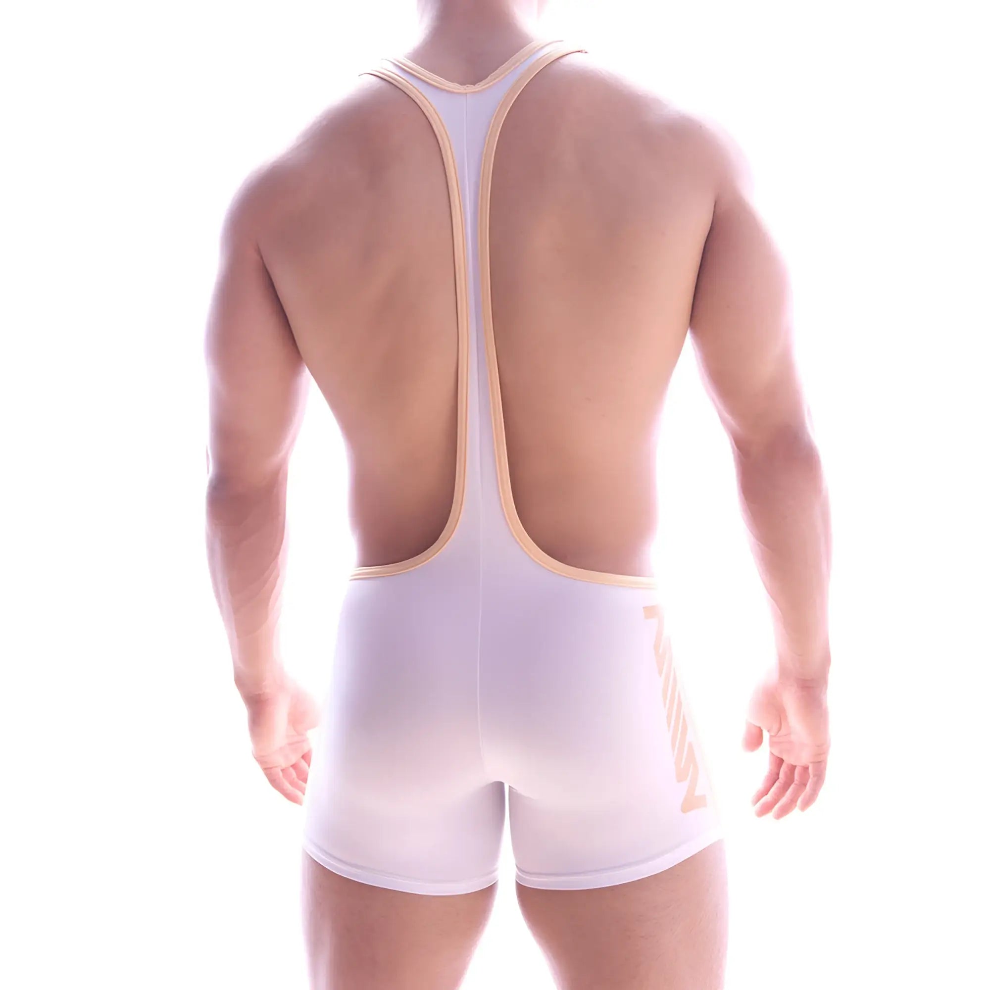 White wrestling singlet by MetroMaleWear Olympian with beige trim and diagonal stripe for athletic performance