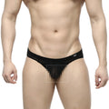 Black lace trimmed mens thong with subtle logo on waistband metro male wear onda bikini black 5103 34 front view
