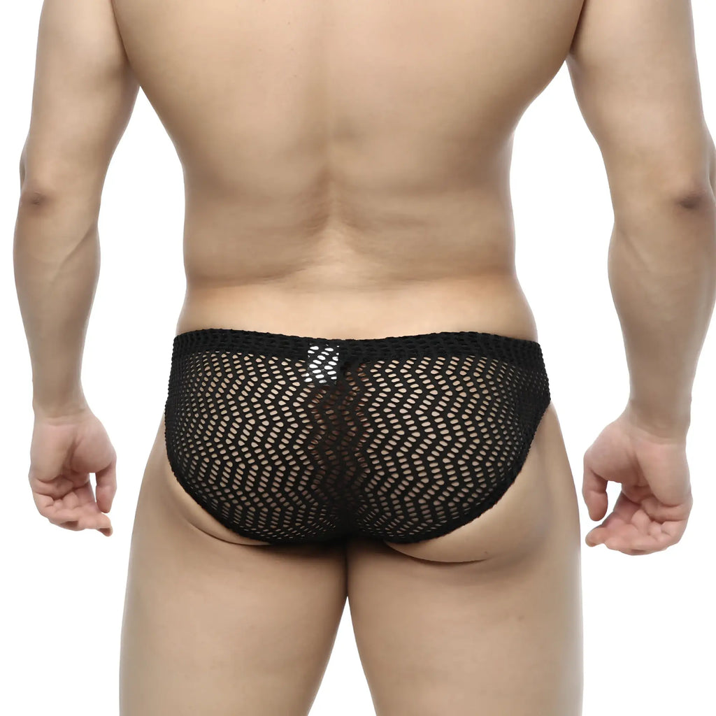 Metro male wear onda bikini black mesh briefs with hexagonal pattern and solid waistband front view