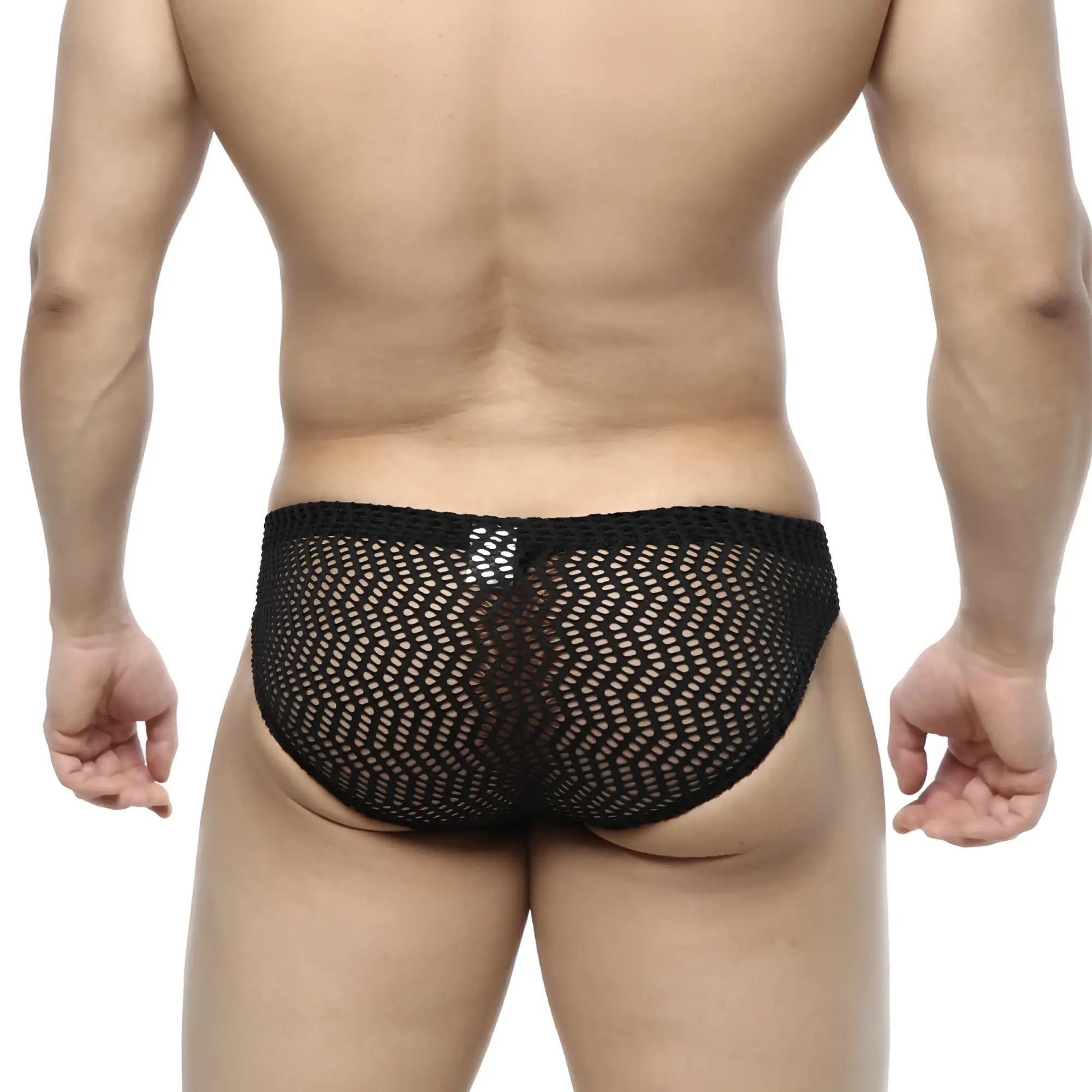 Metro male wear onda bikini black mesh briefs with hexagonal pattern and solid waistband front view