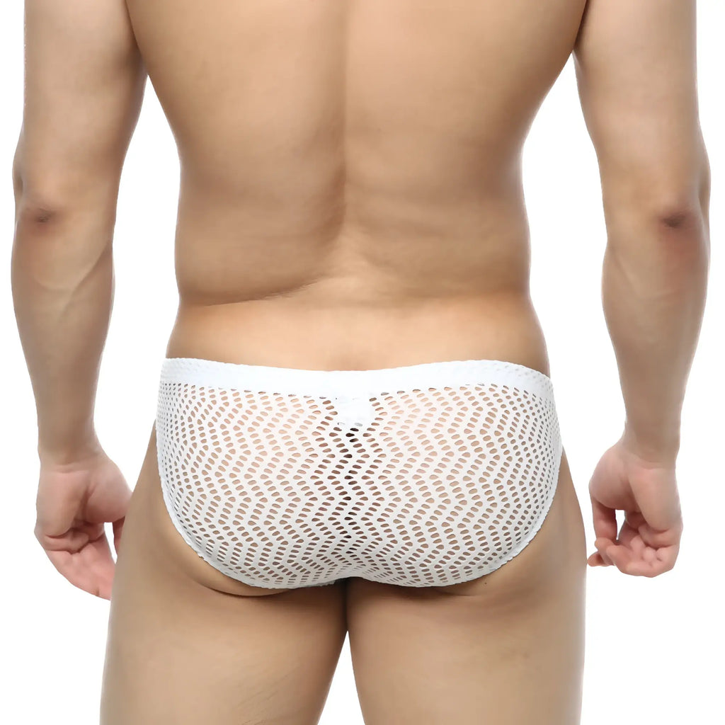Metro male wear onda bikini white briefs with white mesh fabric and small evenly spaced holes for breathability