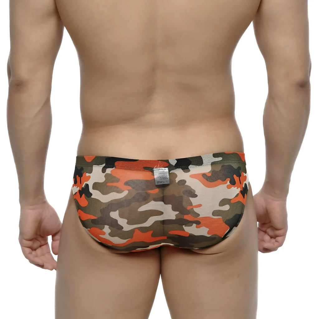 MetroMaleWear orange camo hip brief 5103-80 made of stretchy fabric in orange green and beige camouflage pattern