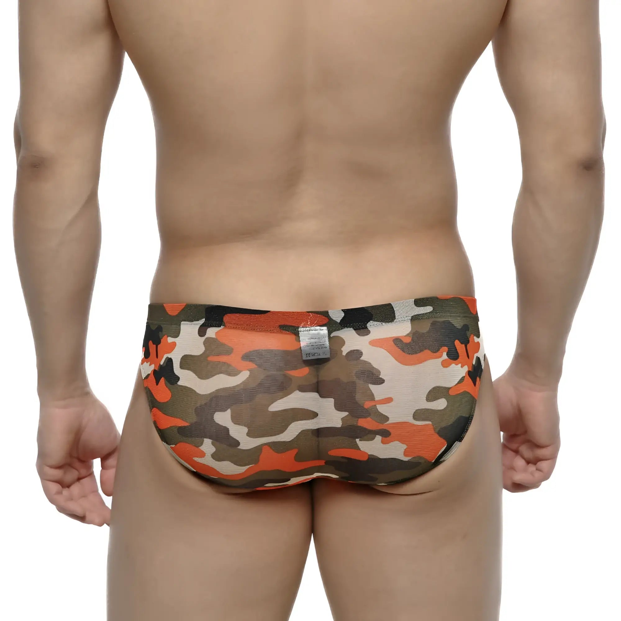 MetroMaleWear orange camo hip brief 5103-80 made of stretchy fabric in orange green and beige camouflage pattern