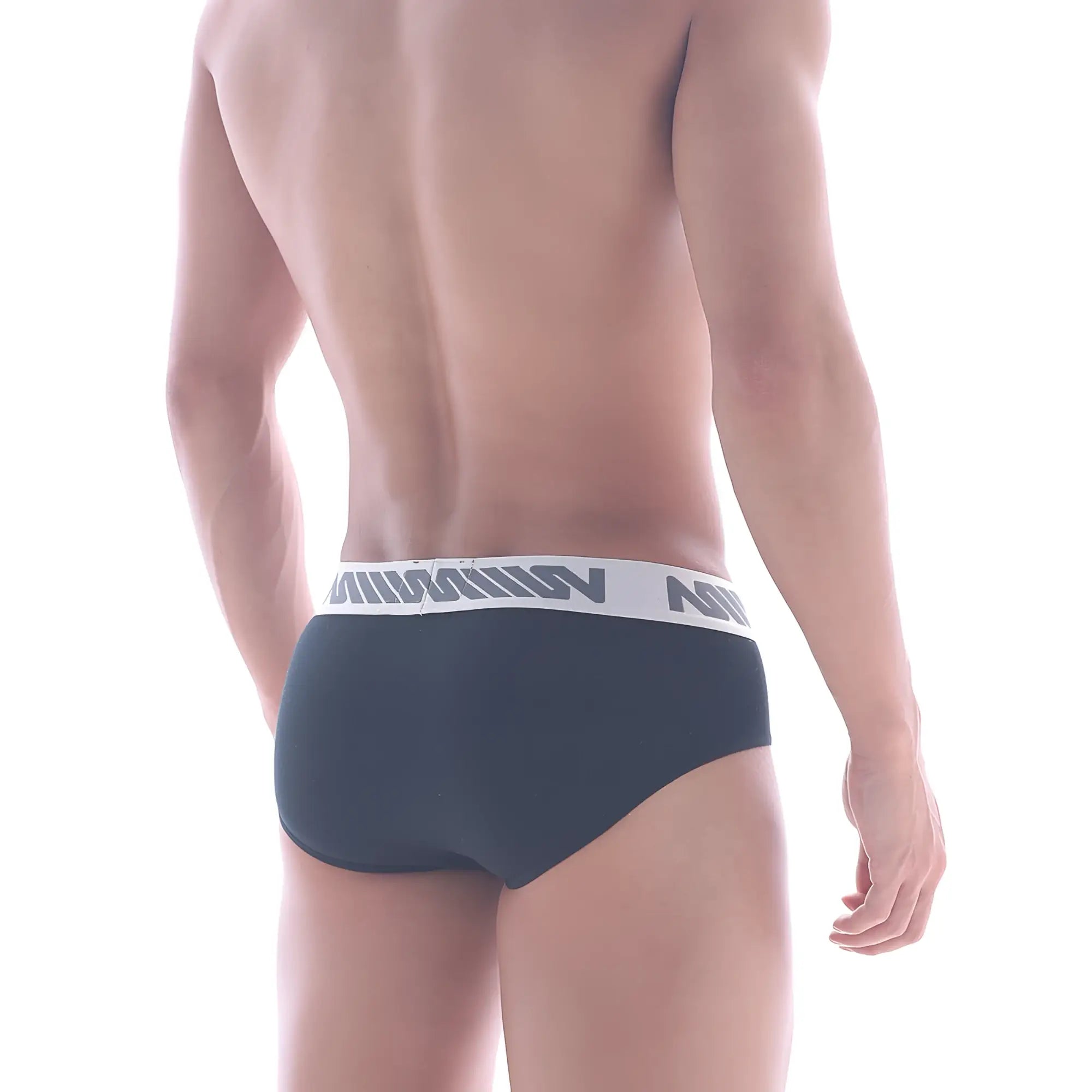 Dark gray metro malewear oriental brief black 5005-20 with white waistband and bold black logo on elastic band