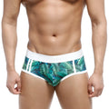 Mens tropical leaf-patterned briefs with white elastic waistband and trim from MetroMaleWear Oriental Brief Jungle 5005-09