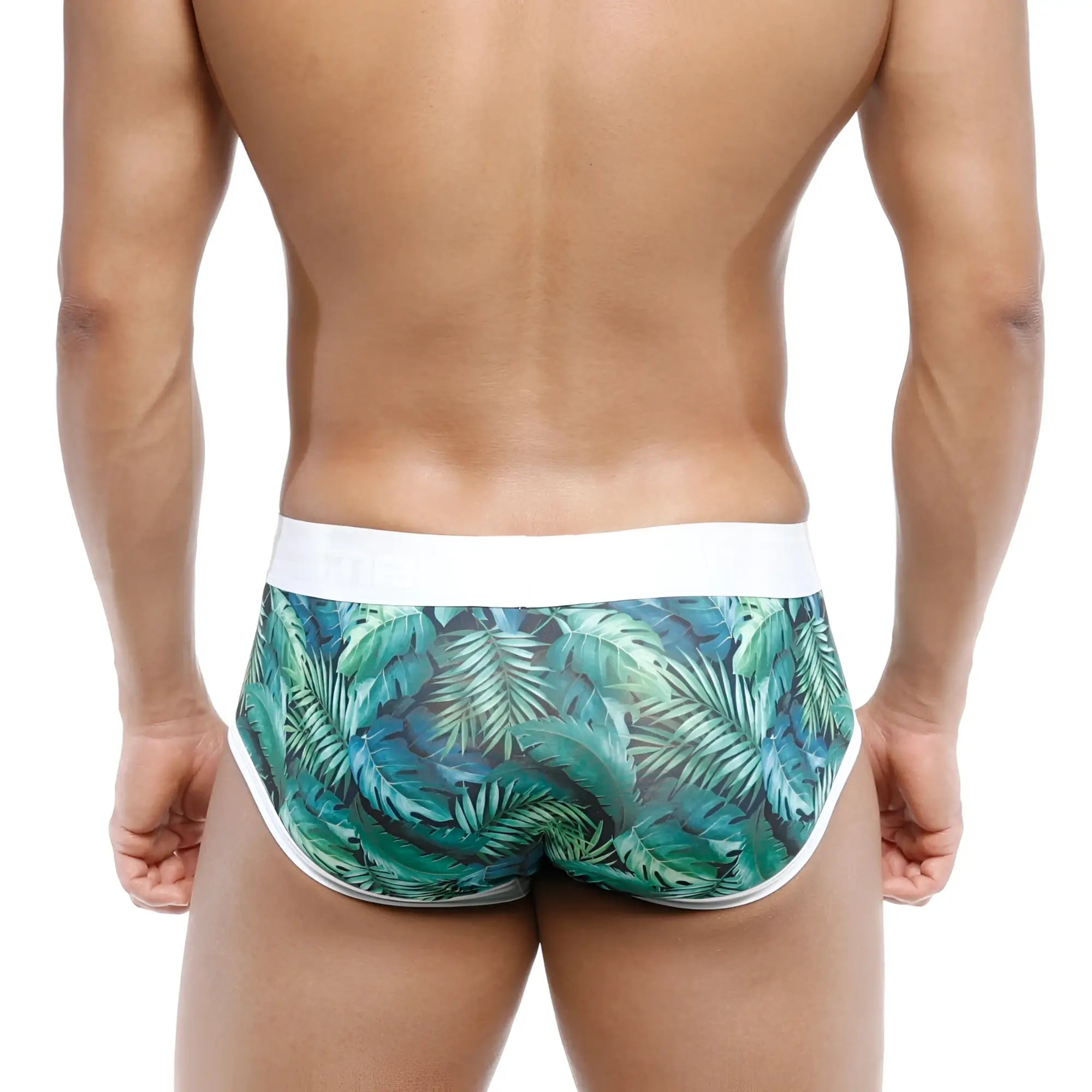 MetroMalewear oriental brief jungle 5005-09 tropical leaf patterned men’s briefs with white waistband and trim